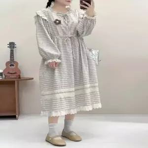 엘럽 원피스 여친 롱스커트 긴팔 슬림핏 스트라이프 상큼 레이스 박템1