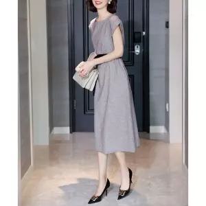 여성용 스커트 원피스 봄 슬림핏 A라인 체크 하운드투스 반팔 미디엄 이른 라운드 원픽1