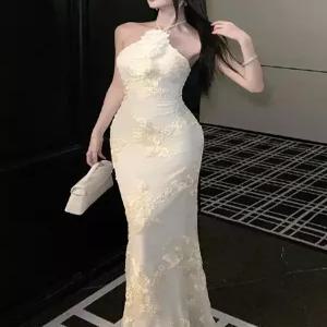 여성용 치마 스커트 롱 망사 봄 생일 드레스 머메이드 꽃 입체 작은 홀터넥 오프숄더 원픽1