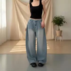 [옷자락]여성 와이드핏 벌룬 옆주름 워싱 연청 맥시진