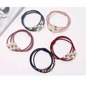 진주 구슬 세줄 머리끈 1P 단위 판매) 진주 구슬 방울 머리 고무줄