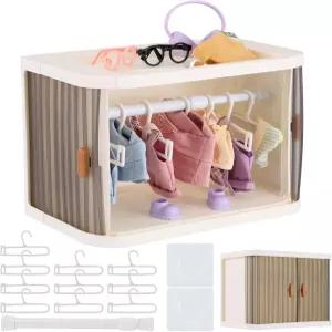 라부부 의류와 호환되는 인형 옷장 보관함 10개의 옷걸이와 막대가 있는 먼지 방지 커버가 접이식 정리함