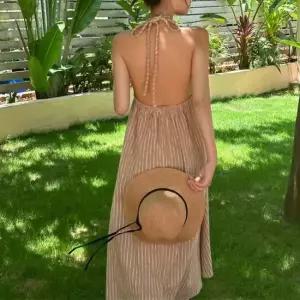 여성 여름 바캉스 홀터넥 백리스 스트라이프 롱원피스