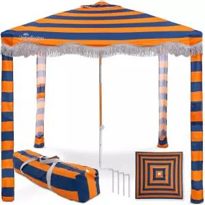 프리미엄 비치 카바나 - 엄브렐리시모 네이비 오렌지 샌드 앵커 디자이너 캔버스 프린트 프린지 마감 포켓