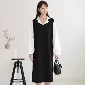 셔츠 배색 빅사이즈 스판 긴팔 원피스 40-50대 미시 중년여성 엄마옷 하객