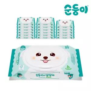 [순둥이] 댕댕이 강아지물티슈 프리미엄 그린 휴대 캡형 16매 18팩 (cDGP휴18)