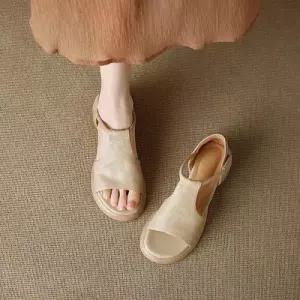 여성 빈티지 여름 오픈토 로마 양가죽 샌들 편안함 아웃도어 리얼 스트랩 통굽 CH5