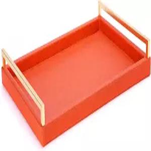 사갈라 18인치 블랙 샤그린 서빙 트레이와 브러시드 골드 손잡이 오스만 커피 테이블 모던 거실 장식용