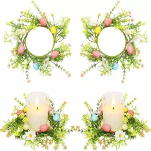 데이지 플라워 스프링 와 파스텔 피플 베리 캔들 링 홀더가 포함된 4팩 부활절 달걀 화환 4인치 홀리데이