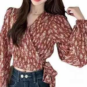 여성 허리 스트랩 랩스타일 블라우스