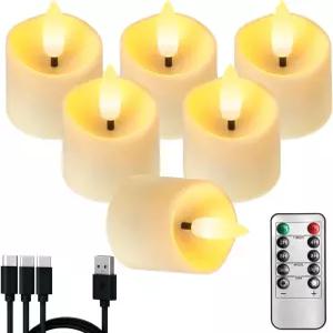 원격 타이머가 장착된 충전식 불꽃 없는 양초 6개 깜빡이는 티 라이트 배터리 작동 홈 데코 부활절 결혼식