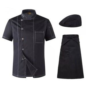 CGTE S 남녀 공용 케이 작업복 반팔 레스토랑 주방 유니폼 셰프 재킷 모자 앞치마 블랙 셔츠 남성 M 4XL 색상 1 XL 코드