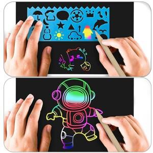 무지개 스크래치 종이 DIY 그래피티 소품, 사무용품 드로잉 도구, 대나무 스틱 페인팅 템플릿, 생일 선물