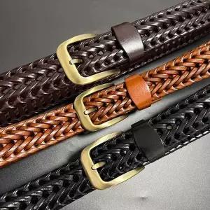 [콩심팥심]빈티지 캐주얼 남성 해링본 꽈배기 가죽 니들버튼벨트