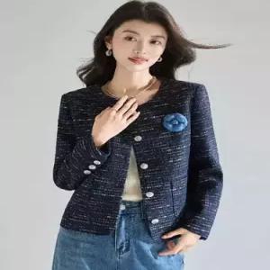 춘추 여성용 네이비 요야천금 코트 럭셔리 실버 반짝이 트위드 DUCHI1