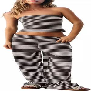도쿠리투 투피스 여성용 여름 민소매 의상 스트라이프 라운지 세트 튜브 팬츠 와이드 바캉스 탑과 비치