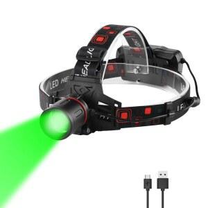 사냥용 헤드램프 그린 라이트 코요테 호그 프레데터, 프로포러스 1000루멘스 XML-T6 헤드램프 그린 LED 충전식 및 줌 기능이 있는 그린 헤드 라이트 워터프루프 3가지 모드로 야간 시력 및 사냥에 적합합니다