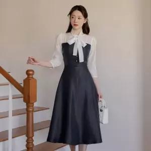 [시크라인] 타이넥 쉬폰 배색 플레어 원피스