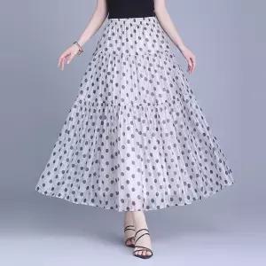 치마 망사 여성 롱 여름 러플 도트 A라인 찰랑거리는 쉬폰 KS2