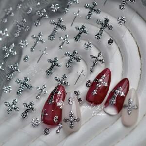 레트로 실버 크로스 네일 스티커 매니큐어 DIY 장식 다크  데칼 5D 메탈 컬러 슬라이더 스틱