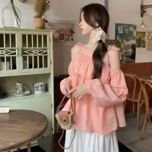 [SBD] 블라우스 프릴 앞 스트링 오프숄더 뒤 어깨 소매벌룬