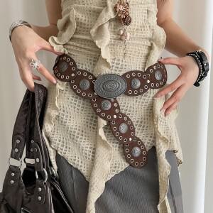 1개 빈티지 스타일 여성용 인조 PU 벨트 타원형 리벳 버클 허리띠 맞춤형