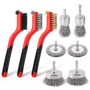 녹을 청소하는 9Pcs 와이어 브러시 작은 나일론 황동 스테인리스 스틸 탄소 드릴 휠 7인치 핸들 및 1/4인치