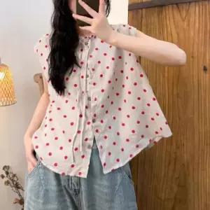 M1 린넨 도트 샌들 넥 스트링 톱 블라우스 워싱 나시 셔츠 여성용 여름 캐주얼 JEN2