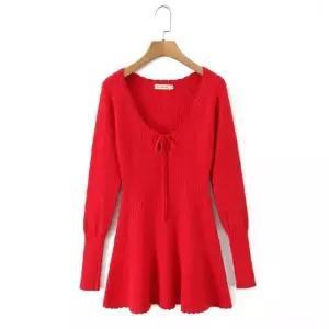 M1 니트 원피스 스커트 여성용 여름 프렌치 가슴 스트링 긴팔 스판 JEN2