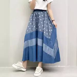 페브레로 여성청치마 청치마 여름 배색 물결 도트 하프 워싱 데님 세미 스커트 우산 A라인 UNO2