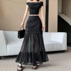 미에스틸로 치마 여성용 하이웨스트 봄여름 시폰 반오픈 쉬폰 레이스 슬림핏 ADOR2