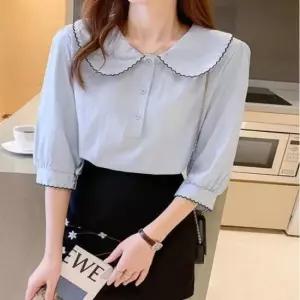 [SBD] 빅카라 블라우스 여성스러운 러블리물결 7부 쉬폰소재