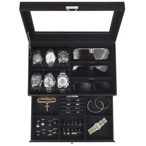 쿠키칸 시계 보석함 정리함 대형 유리 뚜껑이 있는 6슬롯 2겹 시계 케이스 및 선글라스 보관함 장치가 있는 남성용 보석함 시계 홀더 진열장 남성 여성용 선물