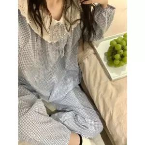 토르 면 인형넥 파자마 세트 실내복 레이스 커플 트리밍 체크 봄가을 잠옷세트 OPH1