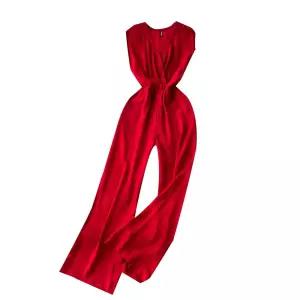 EAMT 여사친 여름 캐주얼 긴바지 하이웨스트 시크 바캉스룩 브이넥 점프슈트 민소매 해변 와이드 YJ2