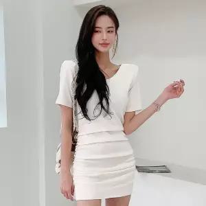 EAMT 힙업 숏 반팔 셔링 브이넥 원피스 니트 치마 여성 여름 EUNG2