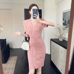 EAMT 여사친 니트 원피스 스커트 여름 브이넥 더블 스판 힙업 EUNG2