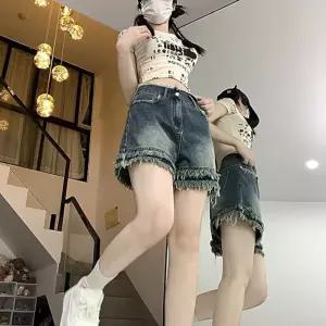 EAMT 여자 청반바지 워싱 빈티지 청 반바지 여름 하이웨스트 A라인 퍼 와이드 핫팬츠 EUNG2