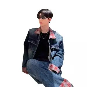 남성용 청자켓 빈티지 레드 체크 터틀넥 블루 데님 코트 커플 오버핏 워싱 재킷 건달패션 KS1