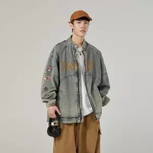 남성용 청자켓 봄가을 빈티지 자수 데님 코트 루즈핏 스트리트 라이더 스타일 카고 재킷 CH3