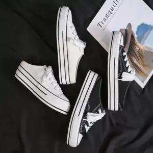 여성 키높이 캔버스화 블로퍼 뮬 단화 하이탑스니커즈 면신발 캔버스화 여성운동화