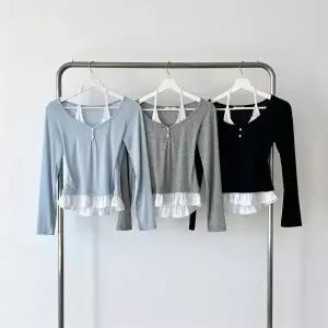 [하프클럽/]여성 홀터넥 레이스 프릴 원피스 버튼 골지 긴팔 티셔츠