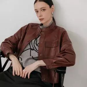 [막스까르띠지오][리얼양가죽] 원포켓 와인 크롭 레더 자켓