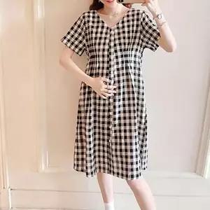 캐주어 체크원피스 브이넥 여름 단추 반팔 원피스 (HSJ-WFI0PIK)