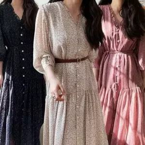 원피스 긴팔 셔링 봄 여성 결혼식하객룩 하객원피스 롱 (HSJ-WFISBTS)