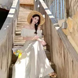 마킷5 여성용 원피스 스커트 롱 쉬폰원피스 윈난 여행 보트넥 해변 바캉스 빅 JEN1