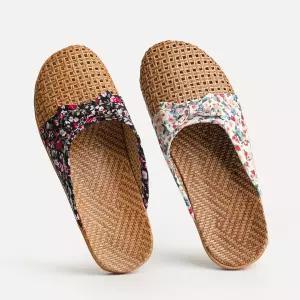 여성샌들 일상 왕골 라탄 리본 뮬 슬리퍼 4color