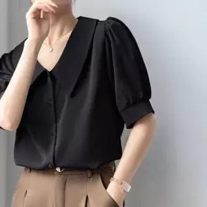 여성 여름 오피스룩 면접 반팔 쉬폰 고급스런 프렌치 셔츠 블라우스 베이비 톱 넥 정장 브이 스포M2