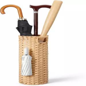 20.8인치 높이의 초대형 라탄 우산 스탠드 분리 가능한 드립 트레이와 후크 2개가 있는 손으로 짠 랙