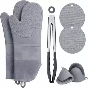 주방용 집게가 있는 7피스 오븐 미트 및 냄비 홀더 세트 2개 원형 핀치 통 1개 포함 최대 450°F의 내열성